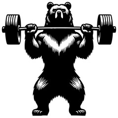 Mighty Bear Lifts: A powerful bear silhouette intensely focused, confidently lifting a heavy barbell, embodying strength and determination.