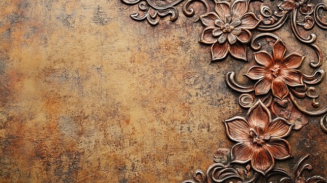 Embossed floral design on rustic bronze surface, background texture, invitation card
