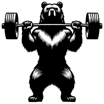 Mighty Bear Lifts: A powerful bear silhouette intensely focused, confidently lifting a heavy barbell, embodying strength and determination.