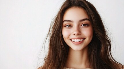 Naklejka premium Portrait of a Beautiful Young Woman Smiling Against a White Background