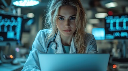 Serious and Focused Female Doctor or Nurse Wearing Scrubs and Holding Stethoscoke Examining a Laptop Computer in a Busy Hospital or Clinic Setting