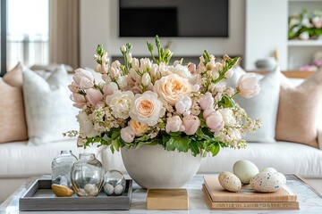 Floral Centerpiece with Roses and Tulips Displayed in a Living Room