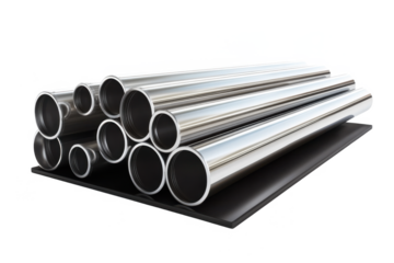 A set of shiny reflective metal tubes arranged on a black base