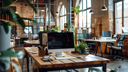 A small-town coworking space with a mix of modern tech and vintage architecture.

