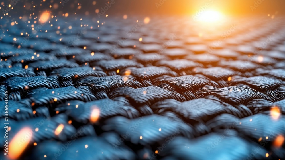 Poster mesmerizing close up of an intricately woven rope net or cable structure bathed in warm glowing sunl