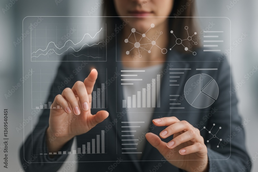 Aufkleber navigating data: a business professional interacts with a virtual interface, showcasing data visuali