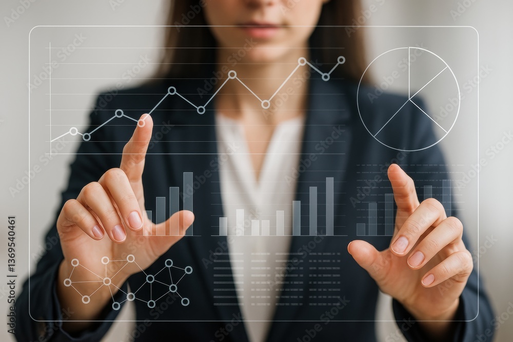 Poster visionary analysis: a professional woman engages with an interactive holographic display, visualizin