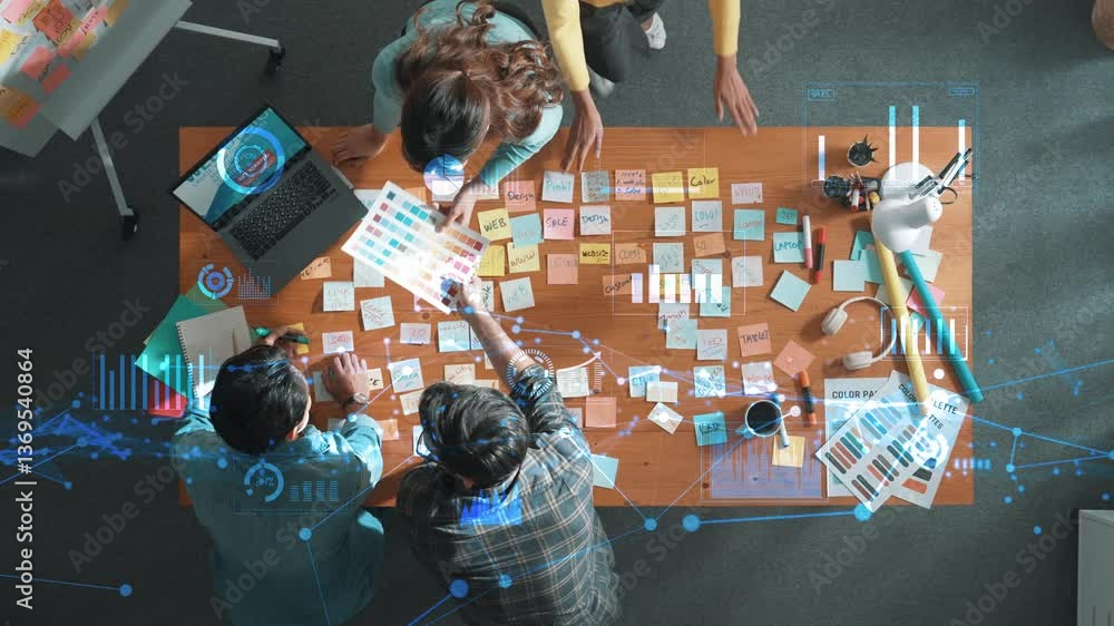 Aufkleber top down view of smart designer explain and brainstorming idea for financial chart or stock market s