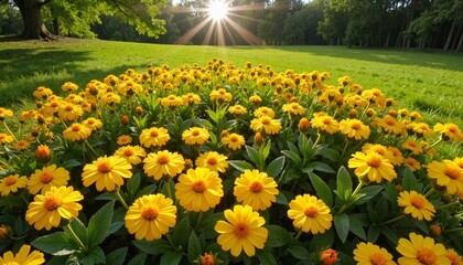 Obraz premium Vibrant yellow flowers blooming in sunlit green meadow
