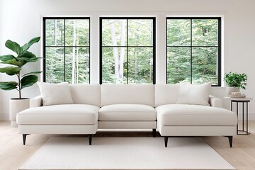 Modern sofa arrangement in bright living room stylish furniture natural light cozy atmosphere