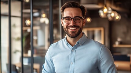 Fototapeta premium Professional Man Smiling in Light Blue Shirt in Modern Office Space