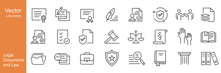 Legal Documents and Law Icons - Vector Line. Editable Stroke.