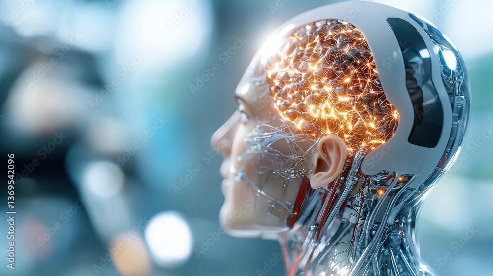 Aufkleber futuristic 3d rendered depicting a robotic or cyborg head with a neural network or circuitry brain s