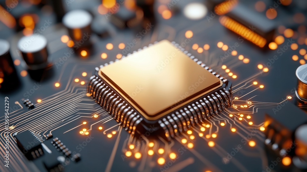 Poster futuristic microchip on an intricate circuit board with glowing electrical connections representing 