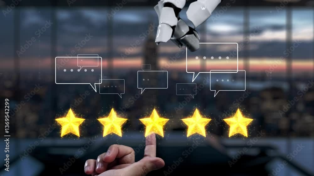 Poster a futuristic robotic hand presents a five-star rating in a modern office setting. speech bubbles flo