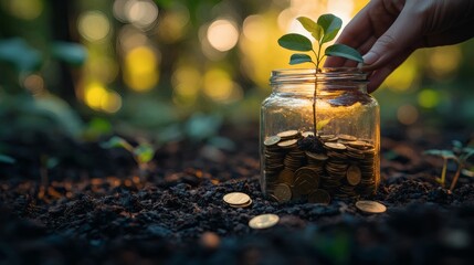 A financial growth concept image showing a hand gently supporting a plant emerging from a jar of coins, reinforcing the idea of responsible financial nurturing 