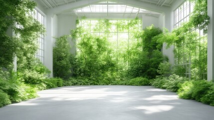 Naklejka premium Light-filled indoor garden space. Lush greenery fills a large, bright room with expansive windows
