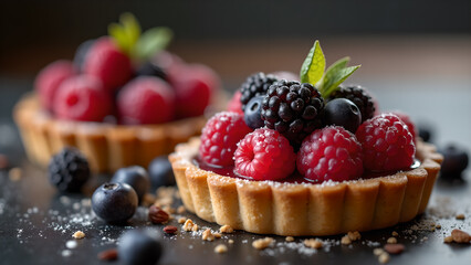 Delectable Berry Tarts Displayed on Dark Surface