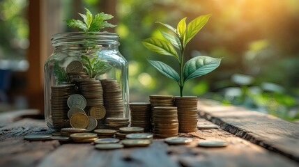A concept of passive income growth showing stacked coins beside a jar with a flourishing plant growing out, representing steady financial prosperity 