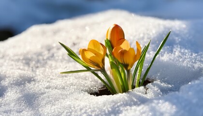 spring flower blossom growing in melting snow early spring sunny day