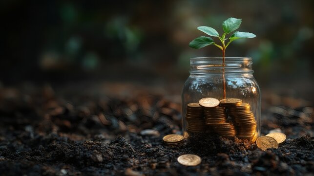 A close-up of a sprouting plant in a glass jar with stacked coins beside it, symbolizing the steady accumulation of wealth and prosperity 
