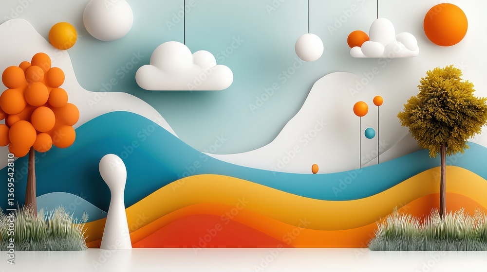 Poster vibrant and imaginative abstract landscape featuring a surreal stylized scene with geometric shapes 