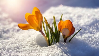 spring flower blossom growing in melting snow early spring sunny day