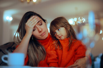Little Girl Looking Remorseful at her Upset Mommy. Angelic daughter asking for forgiveness after...