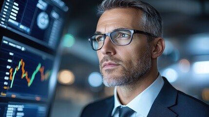 Focused Corporate Executive Studying Market Charts and Graphs on Multiple Screens in Modern Office Setting Analyzing Financial Data and Making Strategic Decisions