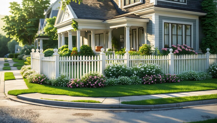 Obraz premium A charming suburban house with a white picket fence, green lawn, and blooming flowers, sunlight casting soft shadows on the quiet street