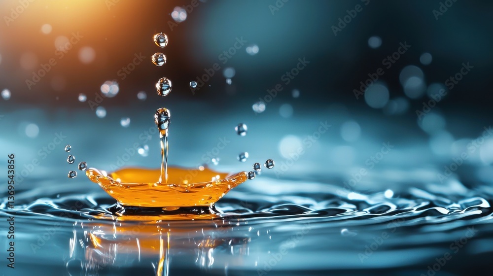 Aufkleber stunning close up shot of a vibrant water splash with a glowing orange droplet against a blurred blu