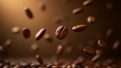 Fototapeta premium Roasted Coffee Beans Falling in a Brown Backdrop
