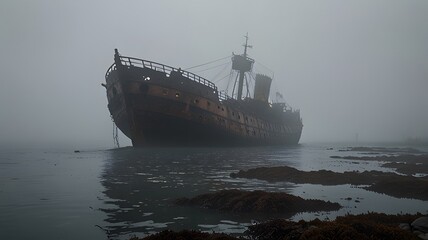 Fototapeta premium Fog-shrouded, abandoned warship wreck on coastal waters