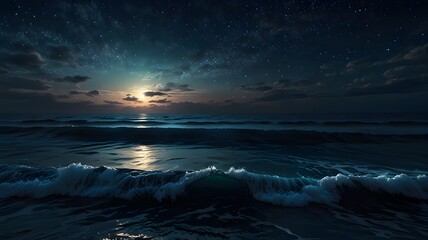 Starry Night Moonrise Over Ocean Waves