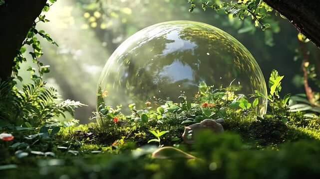 glass globe ball with tree growing and green nature blur background. eco earth day concept