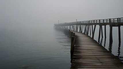 Obraz premium Foggy Wooden Pier Extends Into Mist
