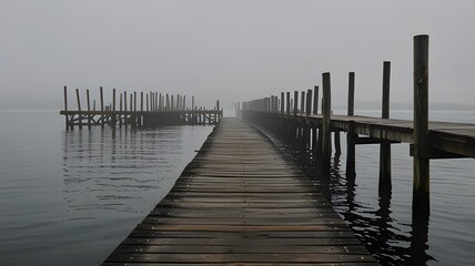 Fototapeta premium Misty Foggy Wooden Dock Over Water