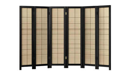 Japanese Style Black Folding Screen Room Divider with Woven Panels Isolated on White Background