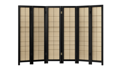 Japanese Style Black Folding Screen Room Divider with Woven Panels Isolated on White Background