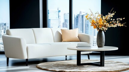 Modern White Sofa in a City Apartment Living Room with Coffee Table and Flowers