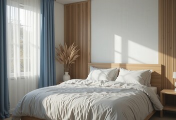 minimalist modern bedroom with a light blue  and beige duvet and wooden headboard, bathed in soft sunlight through sheer curtains,