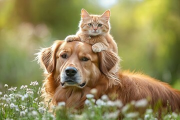 An orange cat sitting atop the head of a golden dog