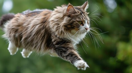 A longhaired tabby cat gracefully leaps through the air, paws extended, against a blurred green background.