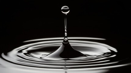 High-speed macro capture of a single droplet hitting a reflective surface, water ripple effect. 
