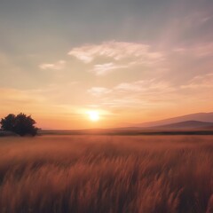 Fototapeta premium Golden Sunset Over Serene Grassland Landscape