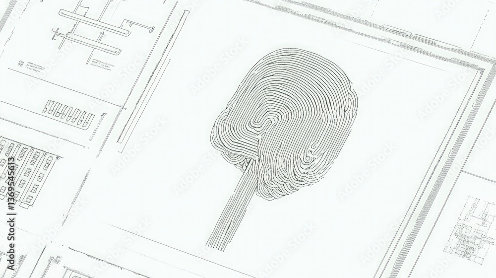 Poster fingerprint scan design on technical drawings background unique digital identity concept