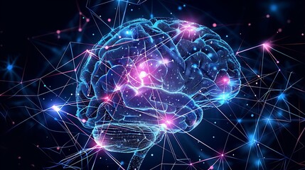 A medical diagram of the human brain with neural pathways glowing