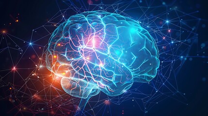 A medical diagram of the human brain with neural pathways glowing