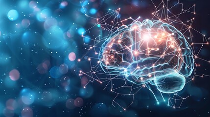 A medical diagram of the human brain with neural pathways glowing