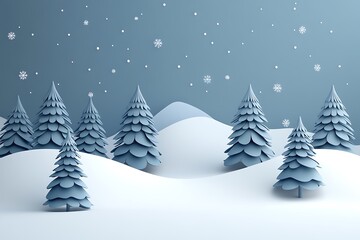 Obraz premium Minimalist Winter Scene with Stylized Pine Trees and Falling Snowflakes